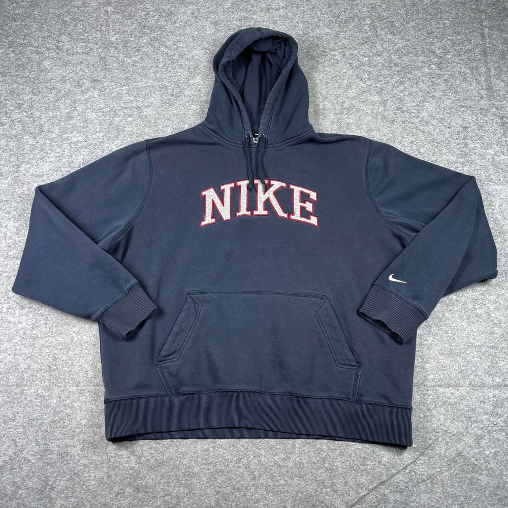 Nike Hoodie Mens XXL Navy Blue Spellout Applique Pullover Fleece 381777-473